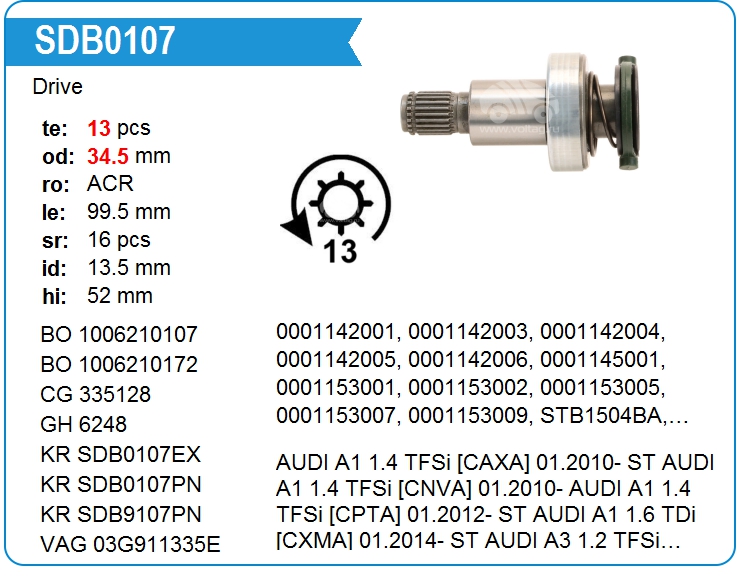 привод стар бендикс t6 13 зубов Krauf SDB0107EX
